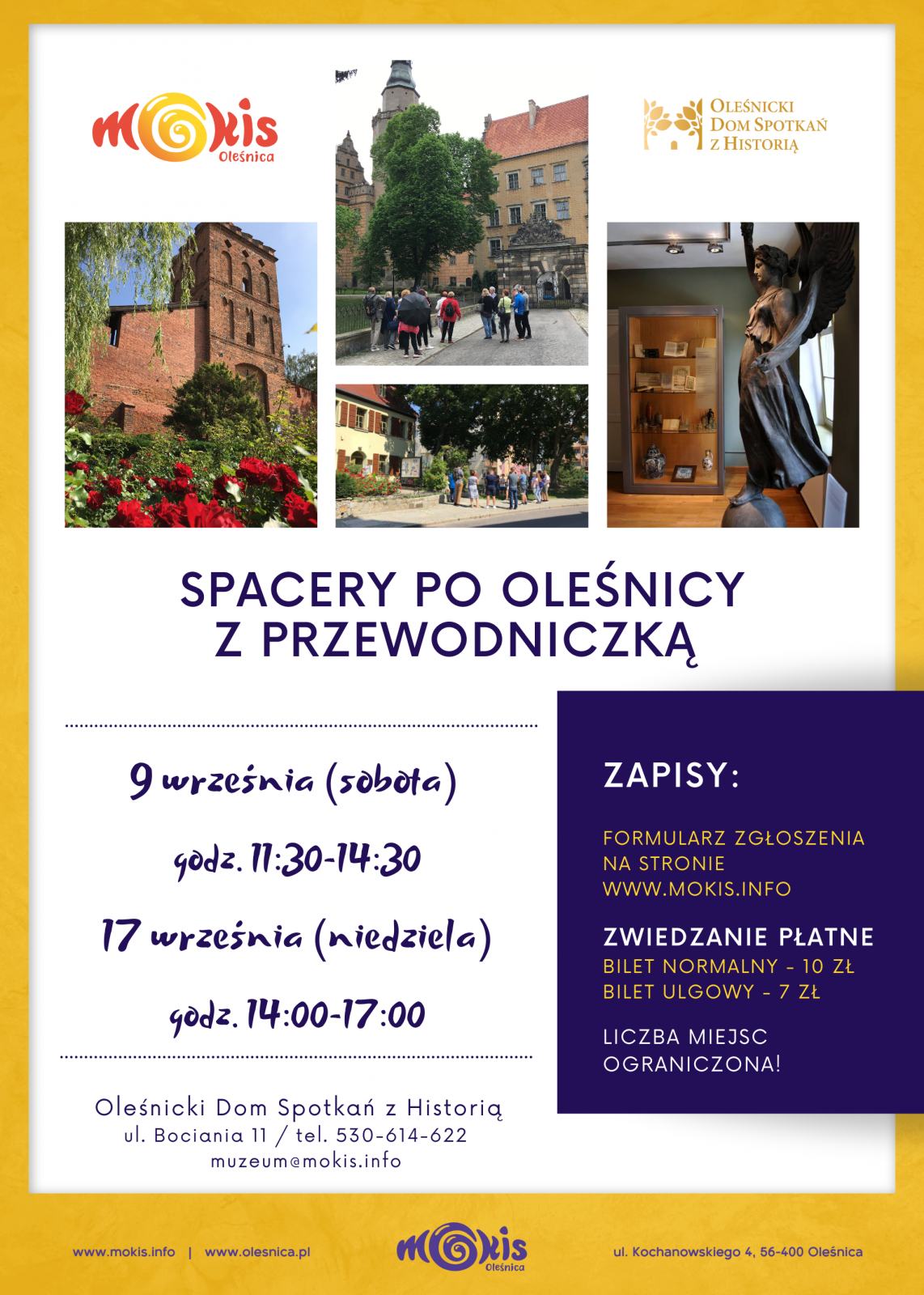Plakat informacyjny dotyczący spacerów po Oleśnicy