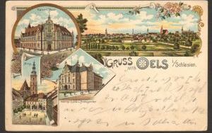 Pocztówka litograficzna z 1906 roku. Poczta Cesarska, panorama miasta, Rynek, Sąd Okręgowy i Ziemski. Ze zbiorów PiMBP w Oleśnicy